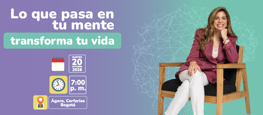 Marian Rojas Estapé sentada sonriendo en un sillón, junto al título: Lo que pasa en tu mente transforma tu vida. Martes 20 de octubre de 2026, 7:00 p. m., Ágora, Corferias Bogotá.