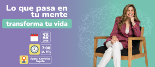 Marian Rojas Estapé sentada sonriendo en un sillón, junto al título: Lo que pasa en tu mente transforma tu vida. Martes 20 de octubre de 2026, 7:00 p. m., Ágora, Corferias Bogotá.